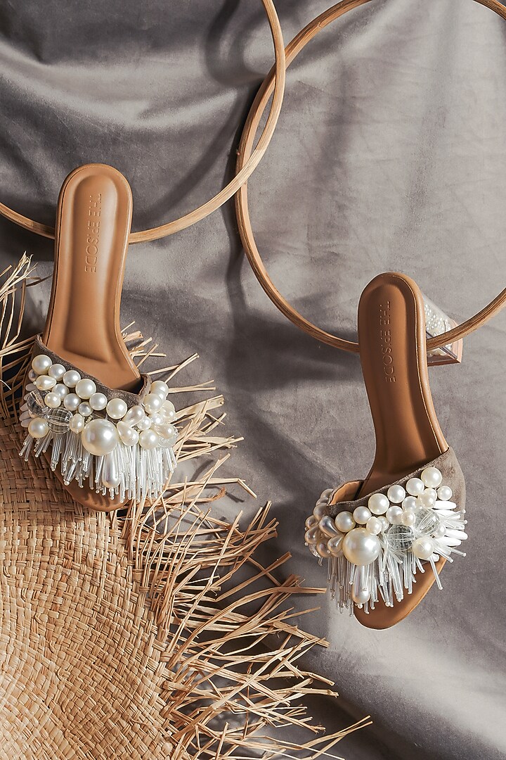 White Vegan Leather Embellished Heels by The Episode at Pernia's Pop Up Shop