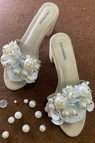 White Textured Jute Embellished Heels by The Episode