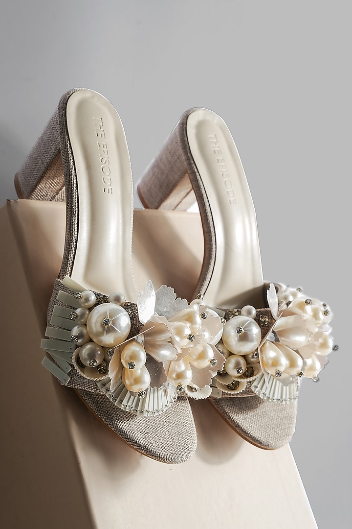 White Textured Jute Embellished Heels by The Episode at Pernia's Pop Up Shop