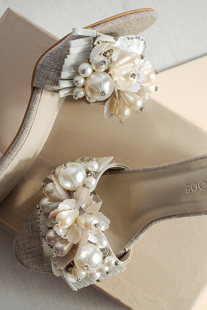 White Textured Jute Embellished Heels by The Episode at Pernia's Pop Up Shop