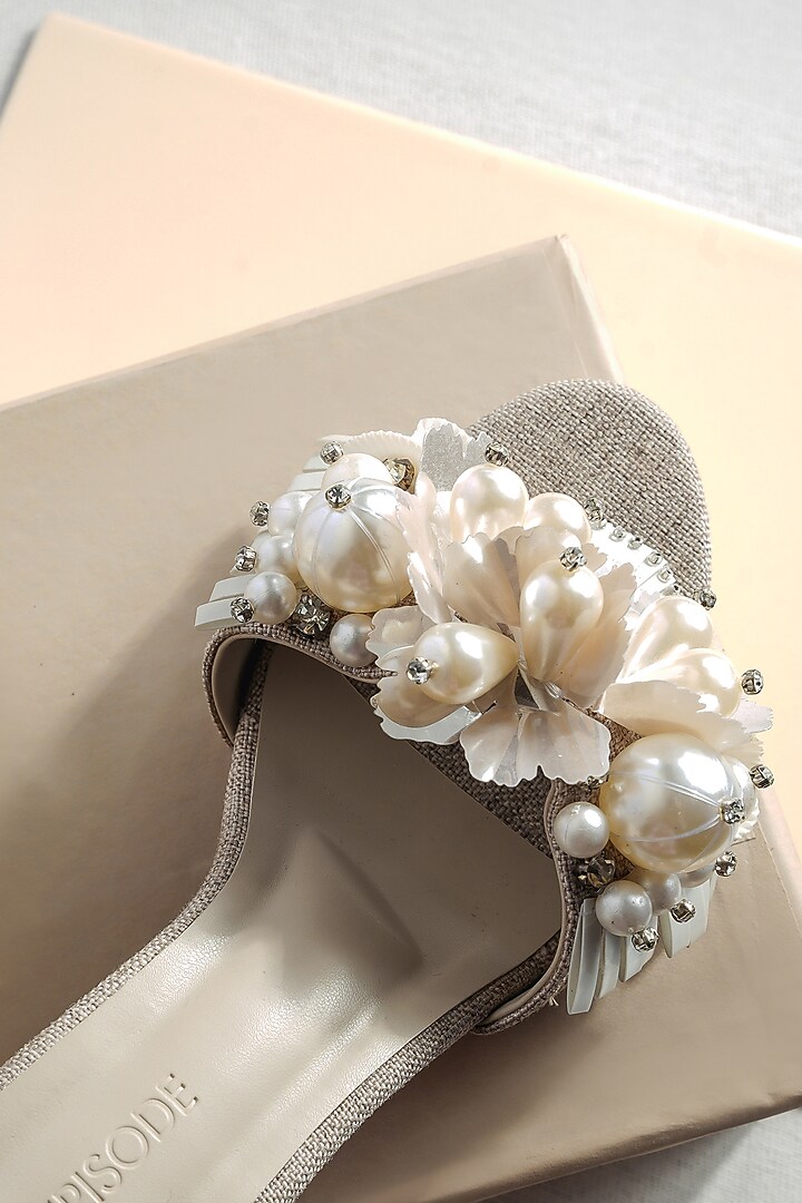 White Textured Jute Embellished Heels by The Episode at Pernia's Pop Up Shop