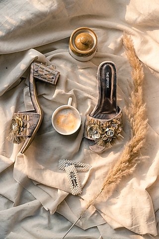 Gold Suede Velvet Embellished Heels by The Episode