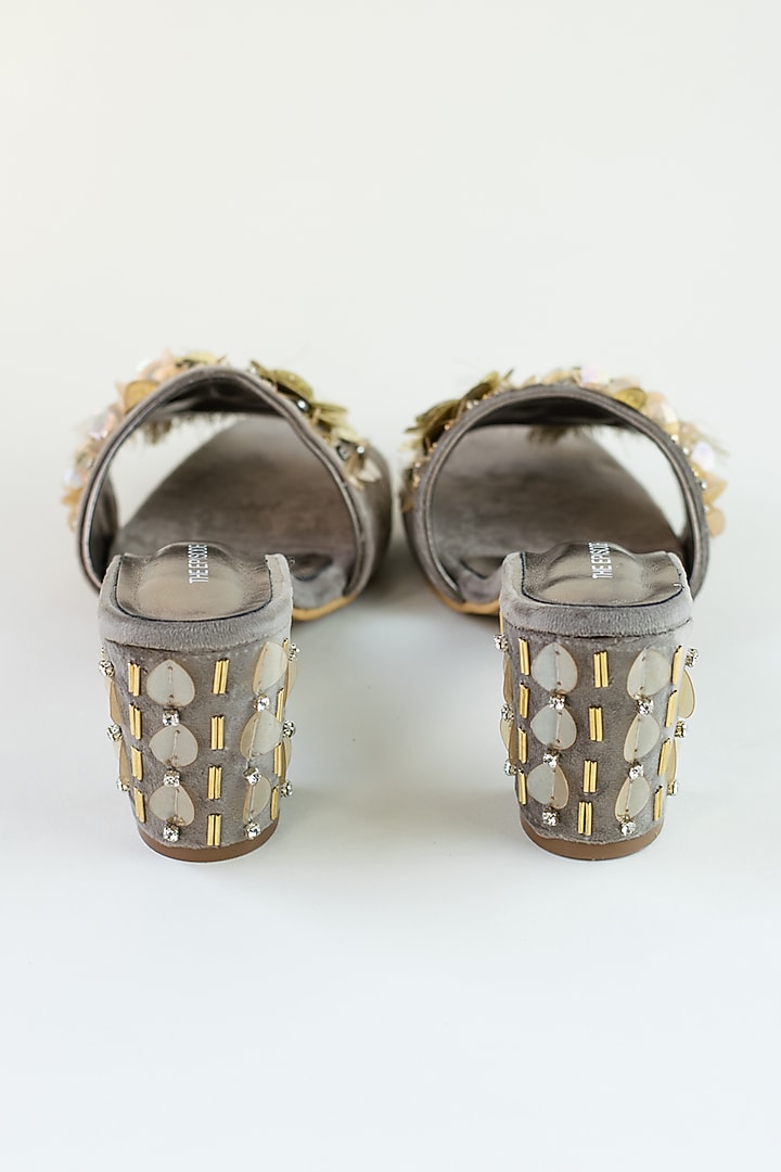 Gold Suede Velvet Embellished Heels by The Episode at Pernia's Pop Up Shop