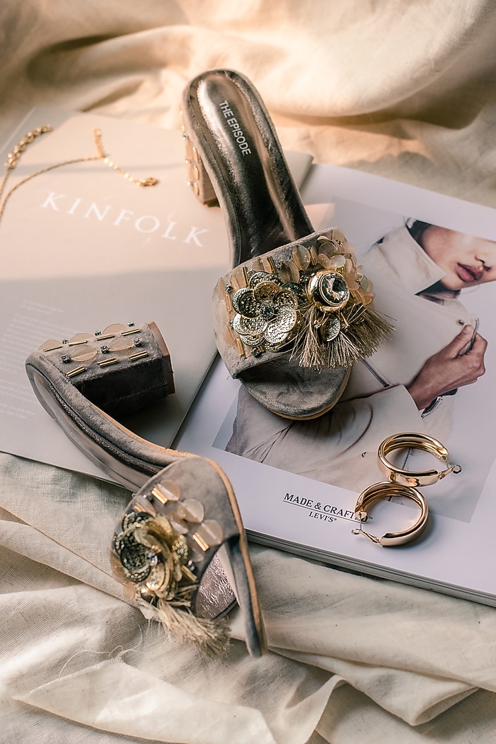 Gold Suede Velvet Embellished Heels by The Episode at Pernia's Pop Up Shop