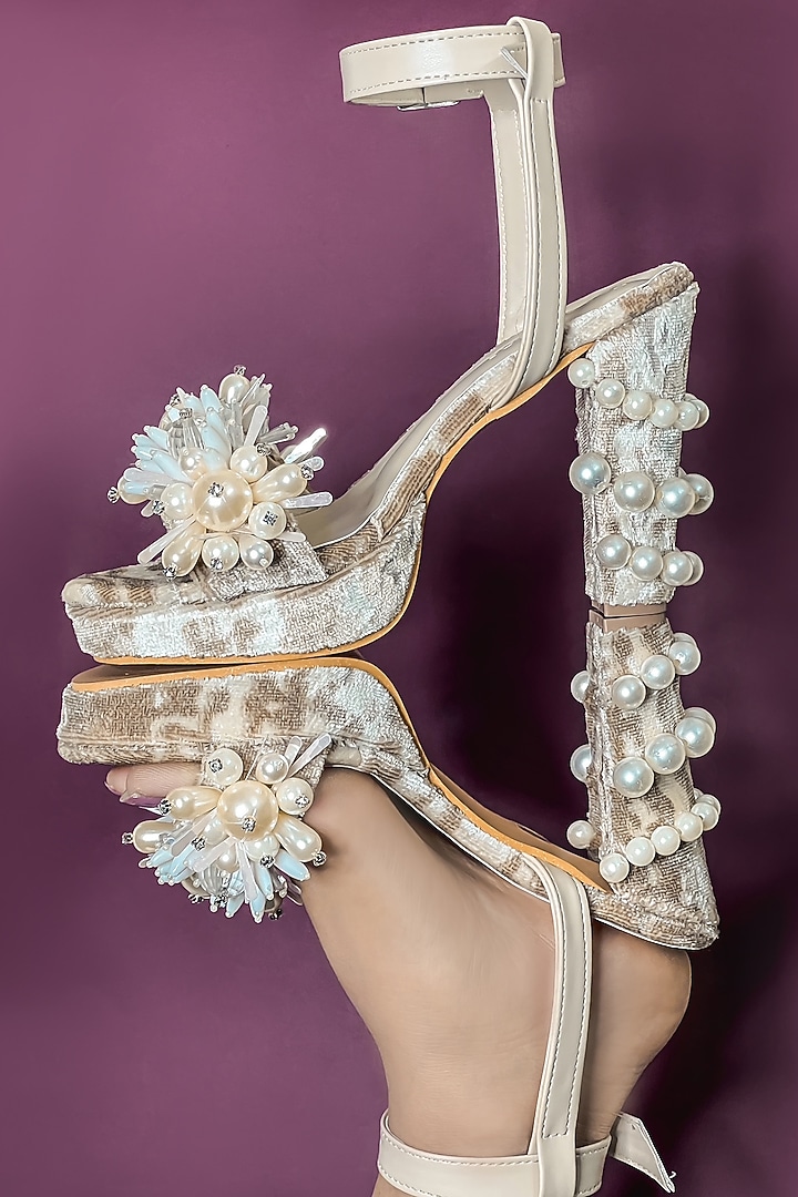 Beige Suede Velvet Embellished Heels by The Episode at Pernia's Pop Up Shop