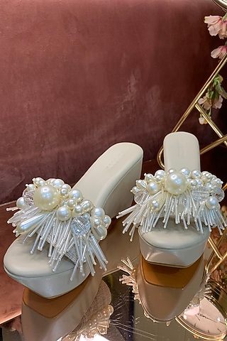 White Vegan Leather Pearl Embellished Wedges by The Episode