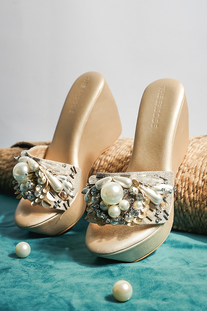 Gold Vegan Leather Pearl Embellished Wedges by The Episode