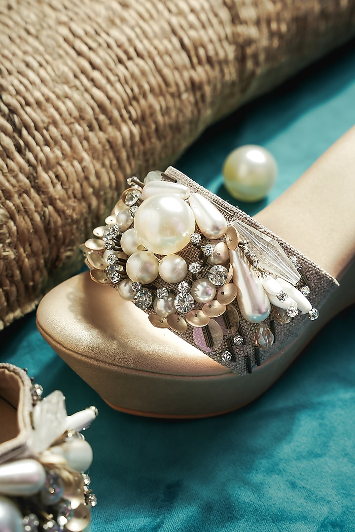 Gold Vegan Leather Pearl Embellished Wedges by The Episode at Pernia's Pop Up Shop