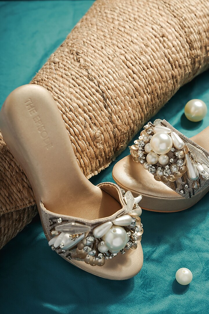 Gold Vegan Leather Pearl Embellished Wedges by The Episode at Pernia's Pop Up Shop