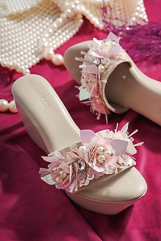Off-White Vegan Leather Pearl Embellished Wedges by The Episode
