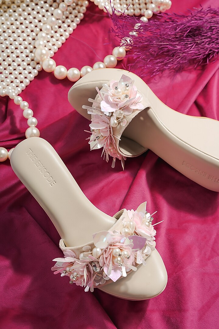Off-White Vegan Leather Pearl Embellished Wedges by The Episode at Pernia's Pop Up Shop