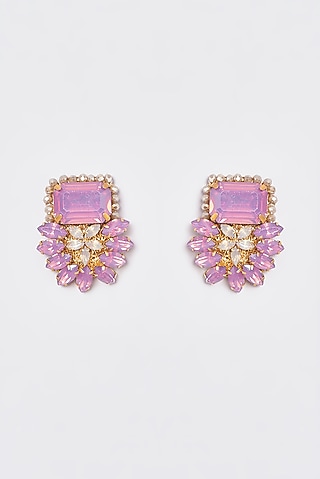 White Finish Purple Stone & Crystal Button Earrings by ST ERASMUS