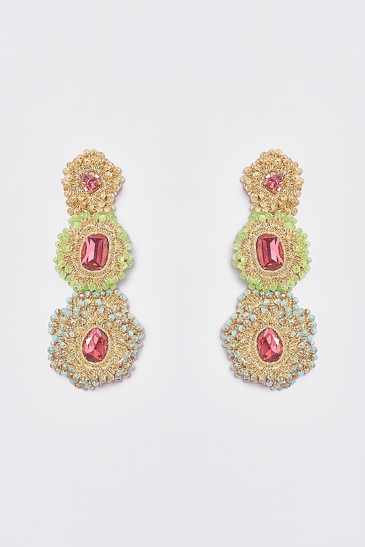 White Finish Multi-Colored Stone & Crystal Dangler Earrings by ST ERASMUS