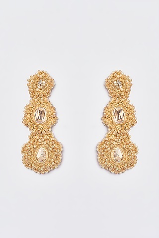 White Finish Gold Stone & Crystal Dangler Earrings by ST ERASMUS