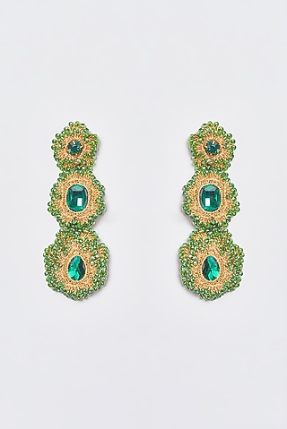 White Finish Green Stone & Crystal Dangler Earrings by ST ERASMUS