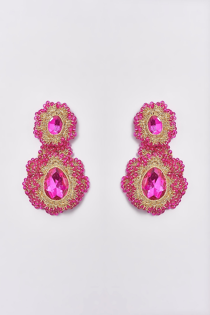 White Finish Pink Crochet Dangler Earrings by ST ERASMUS