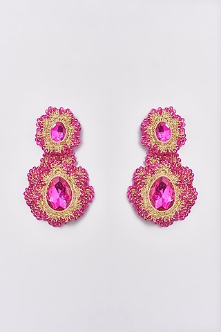 White Finish Pink Crochet Dangler Earrings by ST ERASMUS