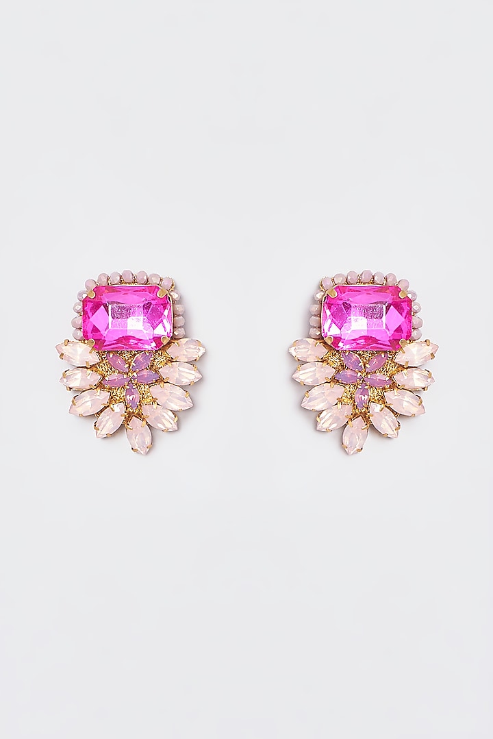 White Finish Pink Stone & Crystal Button Earrings by ST ERASMUS