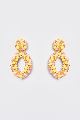 White Finish Yellow Encrusted Beaded Dangler Earrings by ST ERASMUS