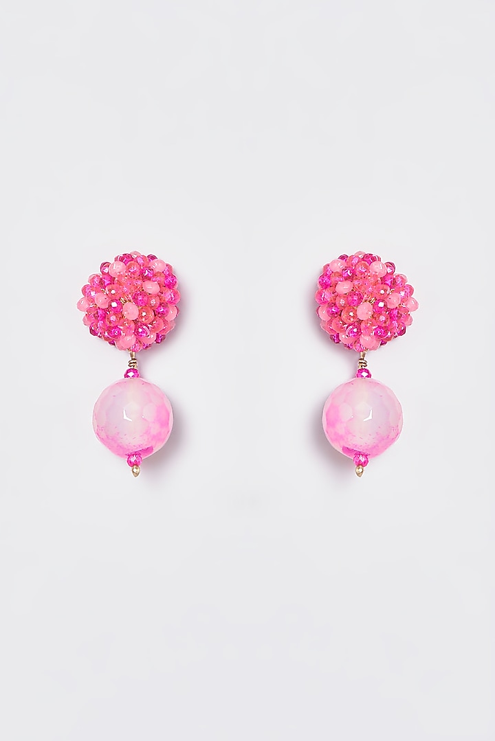White Finish Pink Bead & Agate Dangler Earrings by ST ERASMUS