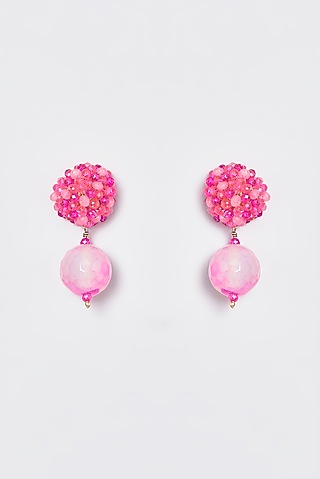White Finish Pink Bead & Agate Dangler Earrings by ST ERASMUS