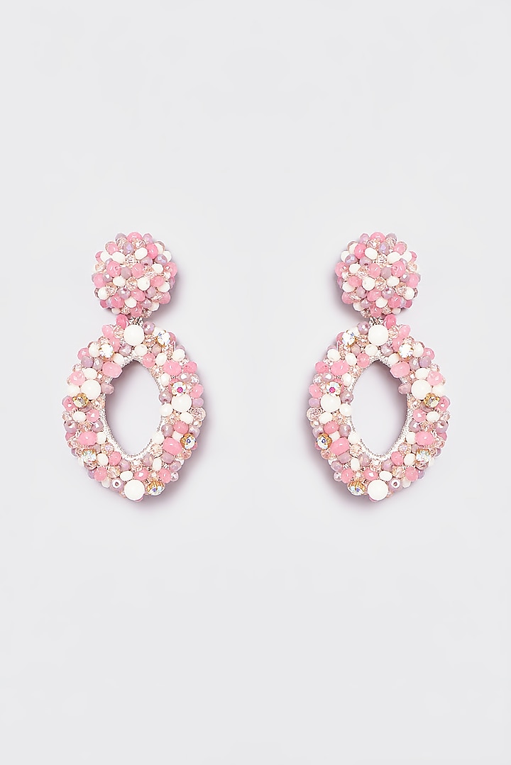 White Finish Pink Encrusted Beaded Dangler Earrings by ST ERASMUS