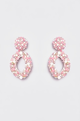 White Finish Pink Encrusted Beaded Dangler Earrings by ST ERASMUS