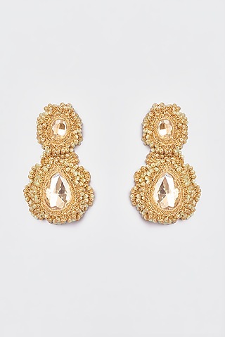 White Finish Gold Crochet Dangler Earrings by ST ERASMUS
