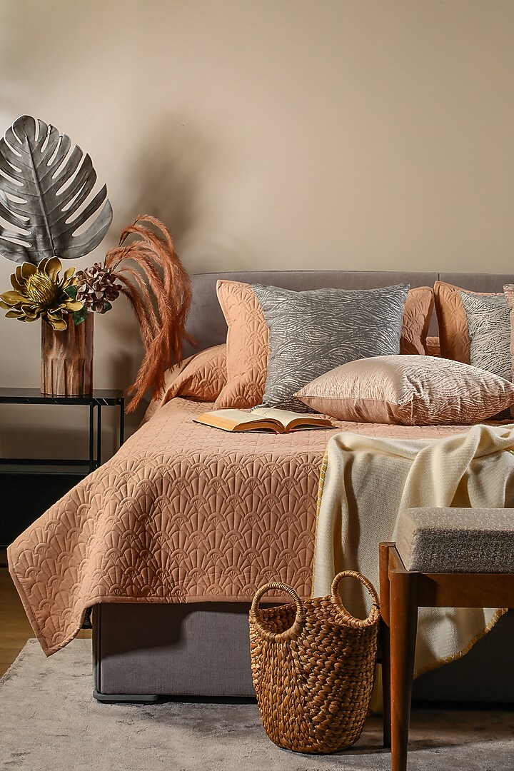 Peach Cotton Embroidered Bedcover Set by Eris home at Pernia's Pop Up Shop