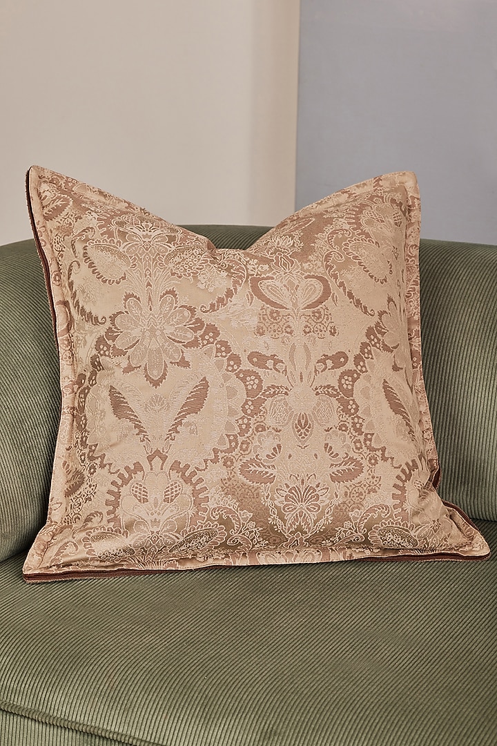 Beige & Brown Ahimsa Silk Jacquard & Boucle Cushion Cover by Eris home