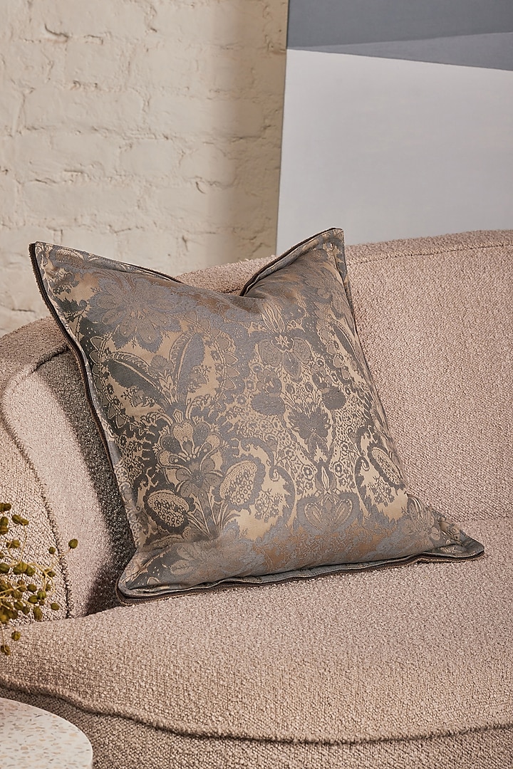 Beige & Grey Ahimsa Silk Jacquard & Boucle Cushion Cover by Eris home