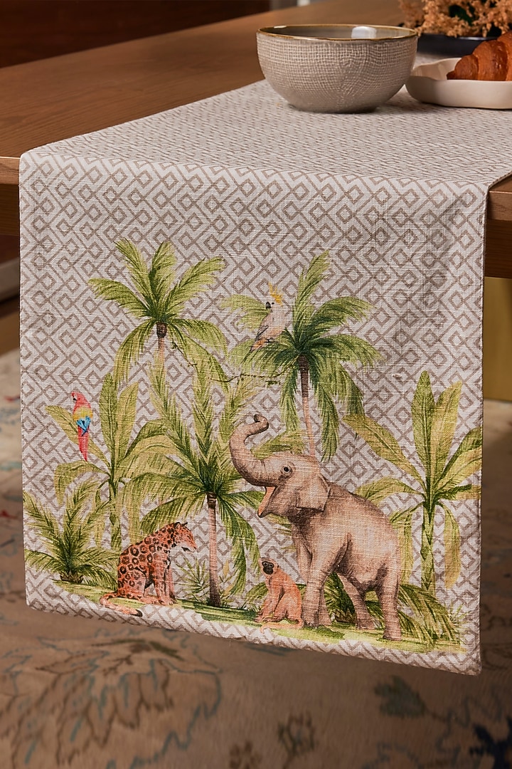 Beige Cotton Geometric Printed Table Runner by Eris home at Pernia's Pop Up Shop