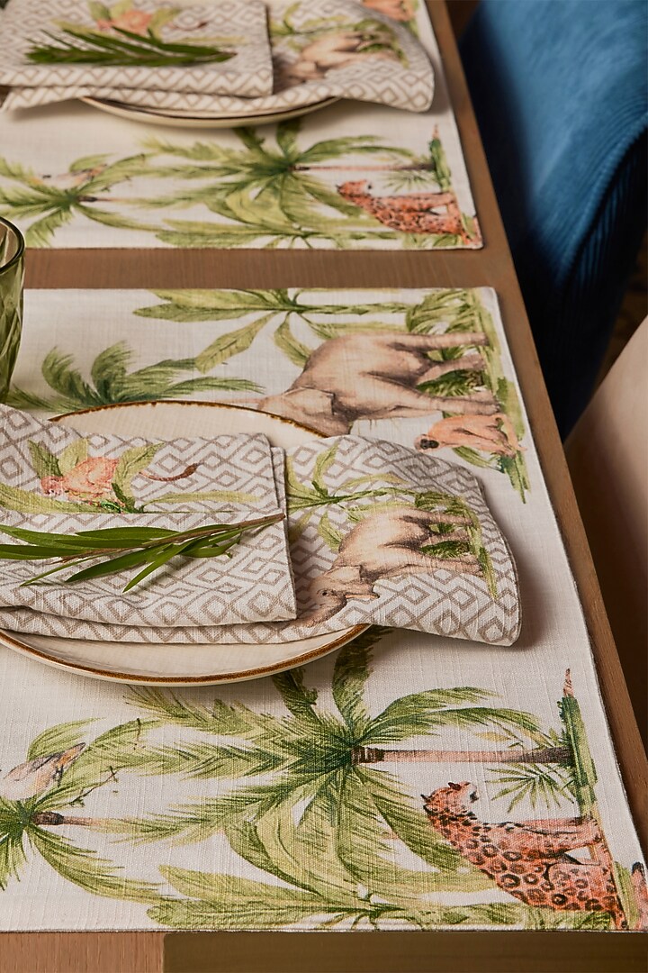 Beige Cotton Geometric Printed Table Mat Set by Eris home at Pernia's Pop Up Shop
