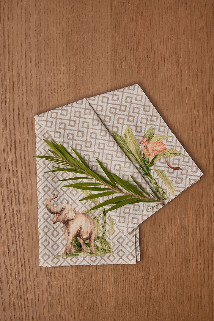 Beige Cotton Geometric Printed Napkin Set by Eris home at Pernia's Pop Up Shop