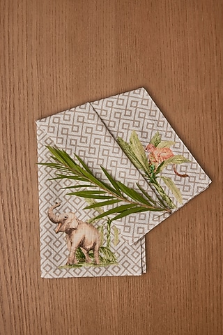 Beige Cotton Geometric Printed Napkin Set by Eris home