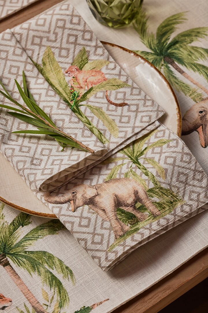 Beige Cotton Geometric Printed Napkin Set by Eris home at Pernia's Pop Up Shop