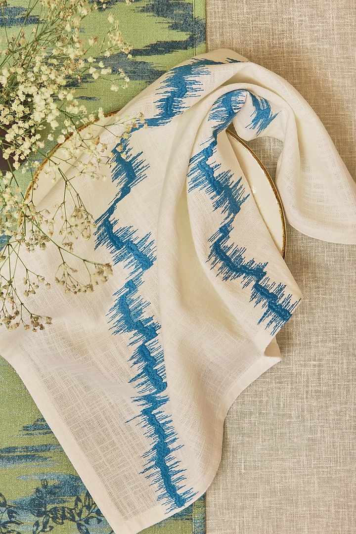 White & Blue Cotton Embroidered Napkin Set by Eris home at Pernia's Pop Up Shop