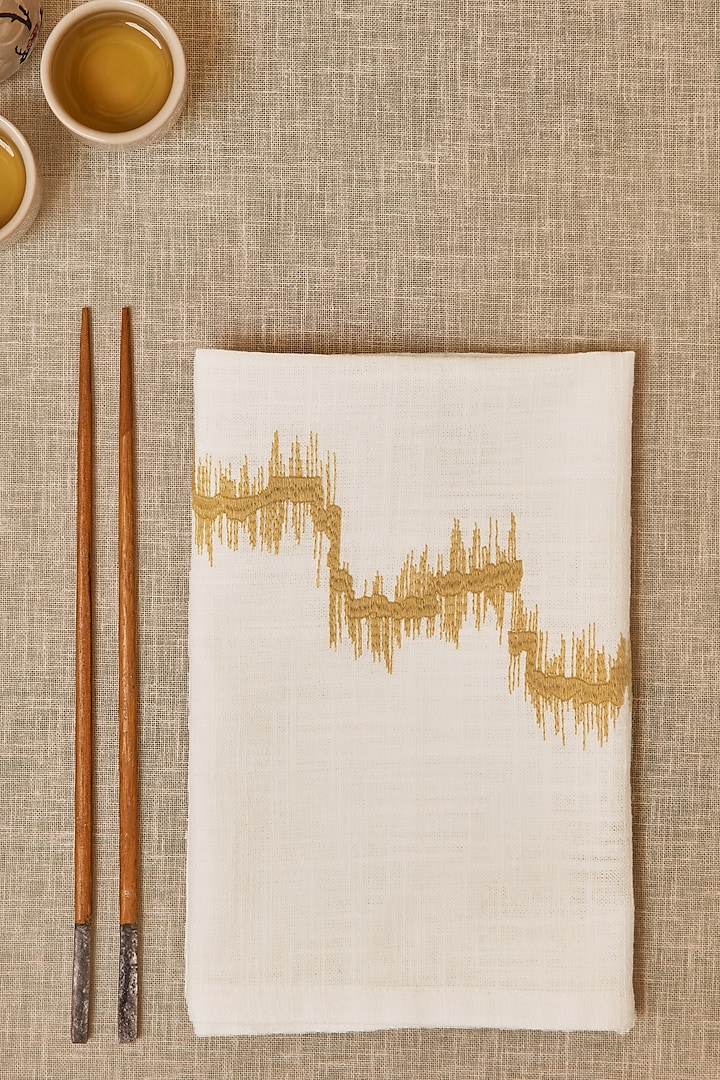 White & Golden Cotton Embroidered Napkin Set by Eris home at Pernia's Pop Up Shop