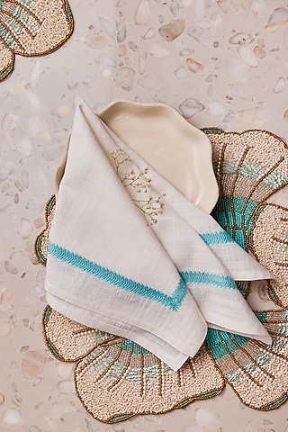 White & Aqua Blue Cotton Slub Thread Embroidered Table Napkin Set by Eris home