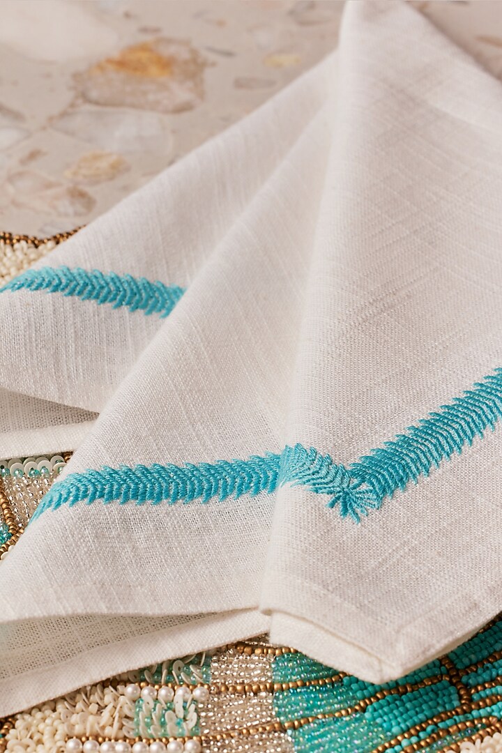 White & Aqua Blue Cotton Slub Thread Embroidered Table Napkin Set by Eris home at Pernia's Pop Up Shop