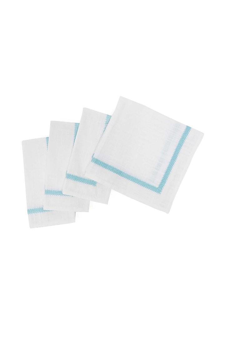 White & Aqua Blue Cotton Slub Thread Embroidered Table Napkin Set by Eris home at Pernia's Pop Up Shop