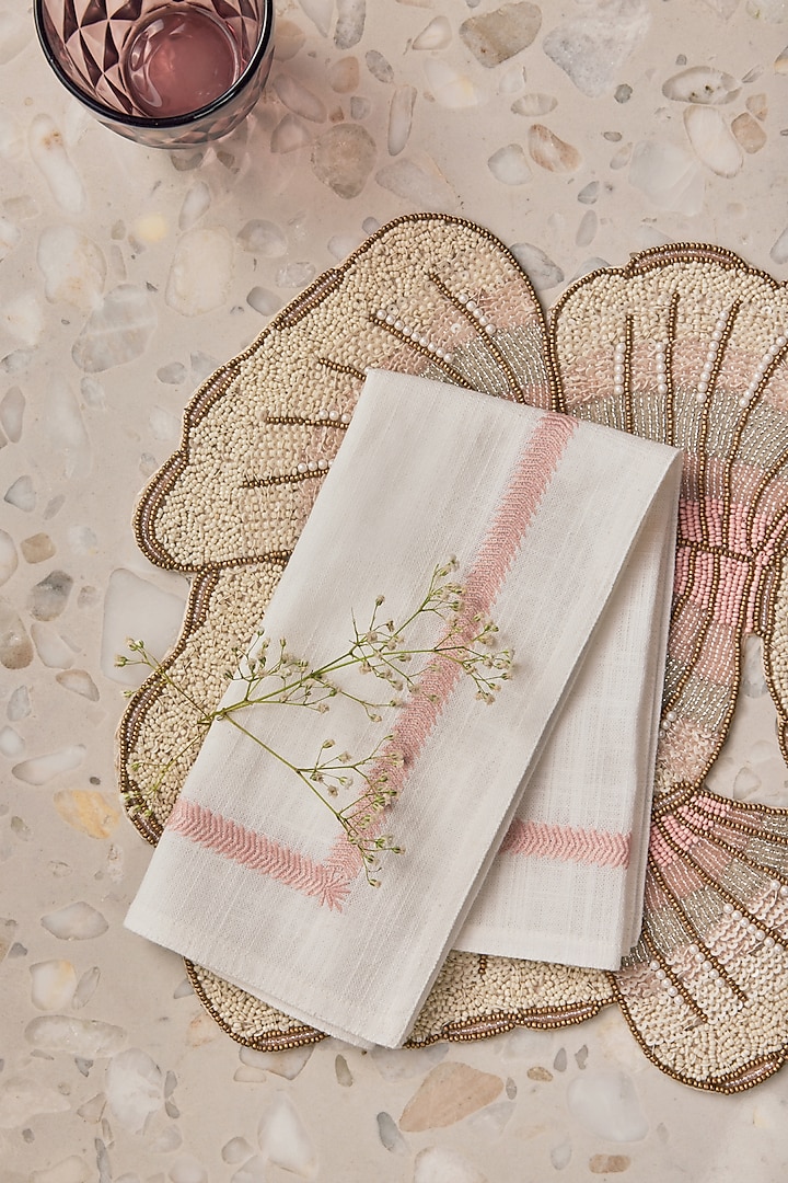 White & Pink Cotton Slub Thread Embroidered Table Napkin Set by Eris home at Pernia's Pop Up Shop