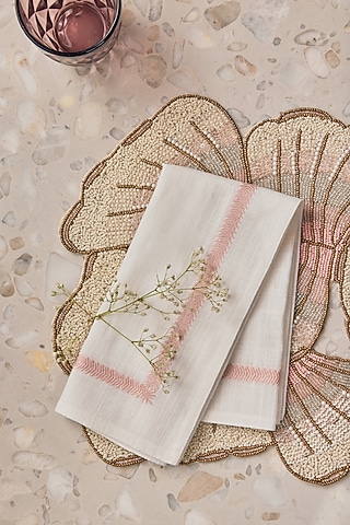 White & Pink Cotton Slub Thread Embroidered Table Napkin Set by Eris home