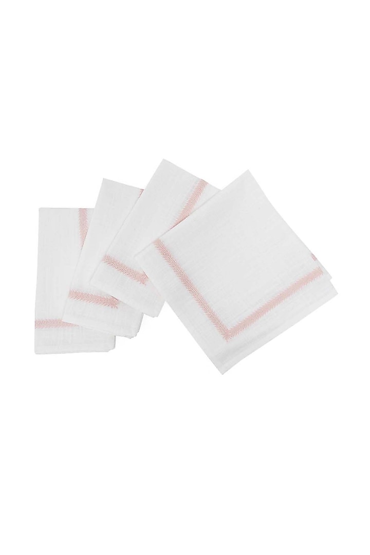 White & Pink Cotton Slub Thread Embroidered Table Napkin Set by Eris home at Pernia's Pop Up Shop