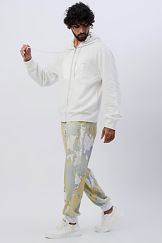 Grey & Mint Green Crepe Hand Marbled Jogger Pants by Erised Pret