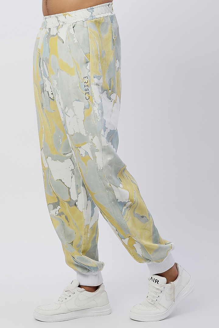 Grey & Mint Green Crepe Hand Marbled Jogger Pants by Erised Pret at Pernia's Pop Up Shop