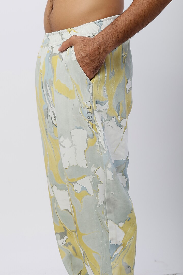Grey & Mint Green Crepe Hand Marbled Jogger Pants by Erised Pret at Pernia's Pop Up Shop