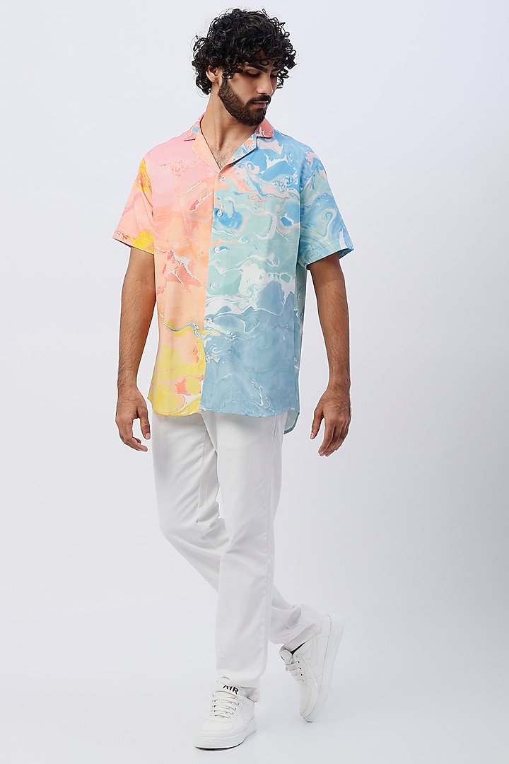 Sky Blue & Red Crepe Hand Marbled Shirt by Erised Pret