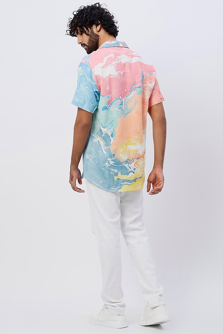 Sky Blue & Red Crepe Hand Marbled Summer Shirt by Erised Pret at Pernia's Pop Up Shop
