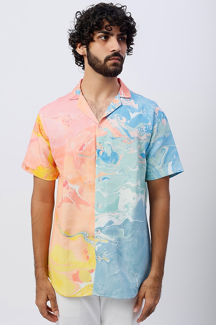 Sky Blue & Red Crepe Hand Marbled Summer Shirt by Erised Pret at Pernia's Pop Up Shop